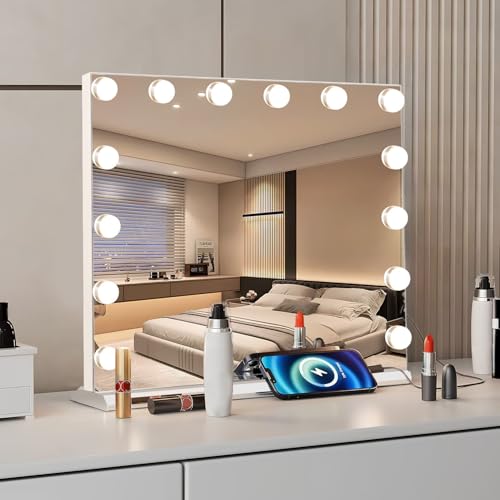 Hollywood Vanity Mirror with Lights, Lighted Makeup Mirror with 10X Magnification, Vanity Makeup Mirrors with Lights, USB Charging Port Touch Control, 14 LED Bulbs 3 Lighting Modes