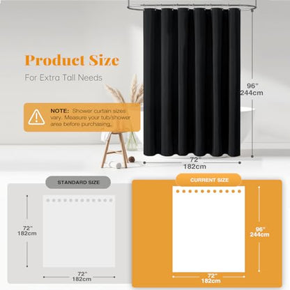Extra Long Linen Textured Waterproof Shower Curtain Set, 72x96, Black | Extra Tall Size, 230GSM Polyester, Heavy Duty Cloth, Weighted Hem, 12 Plastic Hooks, Modern Hotel Style, Machine Washable - color: Black, size: 72"W x 96"L (Pack of 1)