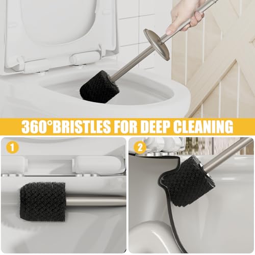 Toilet Brush and Holder, Toilet Cleaner Bowl Set with Two Brush with Extra Long Handle, Durable Bristles Toilet Scrubber and Covered Holder, Drip-Proof Stainless Steel Brushed Nickel - color: Brushed Nickel