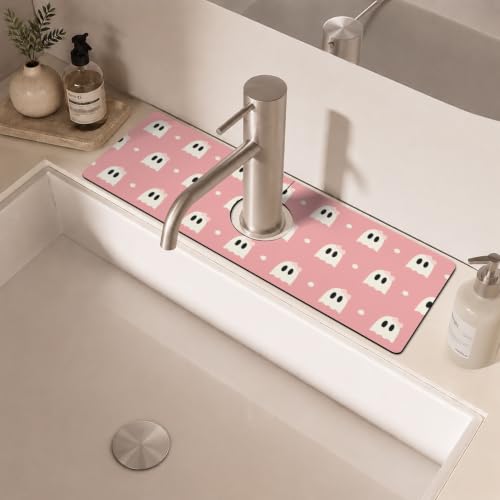 Halloween Kitchen Sink Splash Guard Faucet Mat,Pink Cute Ghosts Halloween Faucet Non-Slip Absorbent Mat,Farmhouse Sink Splash Guard Behind Faucet for Kitchen Bathroom,15"x5.5" - color: Drying Faucet Mat 13