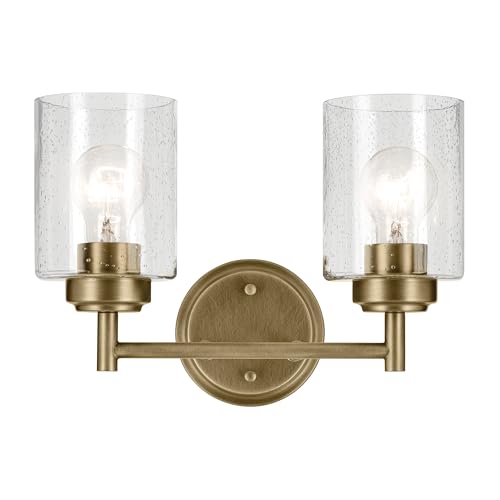 Kichler Winslow 2-Light Farmhouse Vanity Light, Natural Brass | Clear seeded glass vanity light with industrial styling (13" x 9.25" x 6.5"), 45885NBR - color: Natural Brass, size: 13"