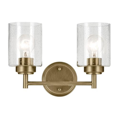 Kichler Winslow 2-Light Farmhouse Vanity Light, Natural Brass | Clear seeded glass vanity light with industrial styling (13" x 9.25" x 6.5"), 45885NBR - color: Natural Brass, size: 13"
