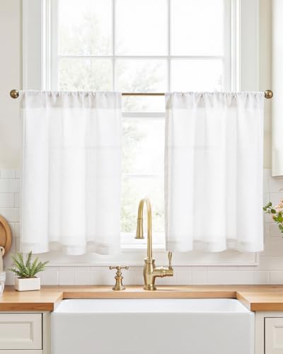 jinchan Modern Linen Rod Pocket Tier Curtains, 26x30, 2 Panels, White | Light filtering, cafe curtains, machine washable, farmhouse, kitchen, bathrooms, laundry, small window, over sink - color: Rod Pocket | Beige White, size: 26"W x 30"L (Pack of 2)