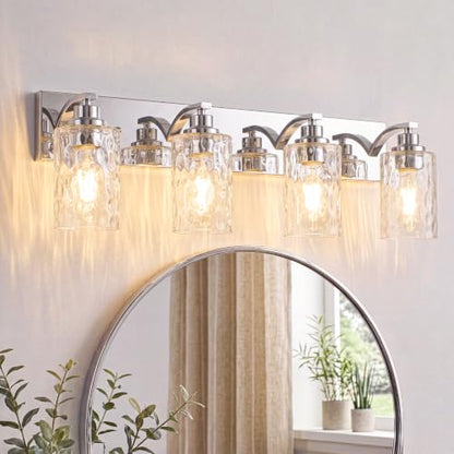 4-Light Bathroom Light Fixtures Modern Chrome Vanity Lights | Easy to Install Clear Hammered Glass Shades, Rippled Glow, Wall Mount Up or Down, E26 Socket, Hardwired, 120V - color: Chrome Hammer, size: 4 Lights