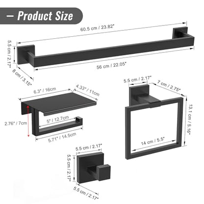 YACVCL 5 Pieces Matte Black Bathroom Hardware Accessorie Set 23.6 Inch Towel Bar Set SUS304 Stainless Steel Towel Rack&Holder Set for Bathroom,Toilet Paper Holder with Shelf Wall-Mounted - color: 5 Pcs Matte Black