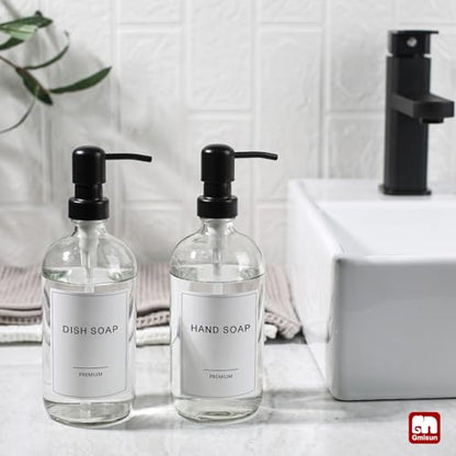 GMISUN Glass Soap Dispenser with Pump, 2 Pack Clear Bathroom Hand Soap Dispenser with Stainless Steel Pump, 17 Fl Oz Refillable Kitchen Hand and Dish Soap Dispensers Set, Modern Liquid Pump Bottles - color: Clear Bottle + Black Pump, size: 2 Pack