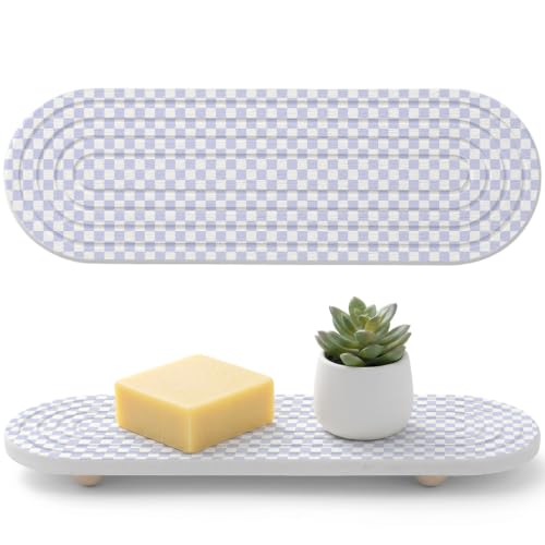 Water Absorbing Stone Drying Tray for Bathroom Sink Purple Chessboard Diatomite Coasters Quick Dry Stone Mat with Wooden Feet Square Blocks Plaid Drying Mat for Kitchen Counter Soaps Organizer 12"x4" - color: Purple