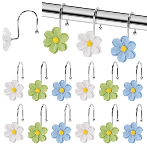 Flower Shower Curtain Hooks, 12 Pack Rustproof Stainless Steel Decorative, Bohemian Floral Bathroom Accessories for Curtain Rod and Shower Rod (Spring Meadow) - color: Spring Meadow