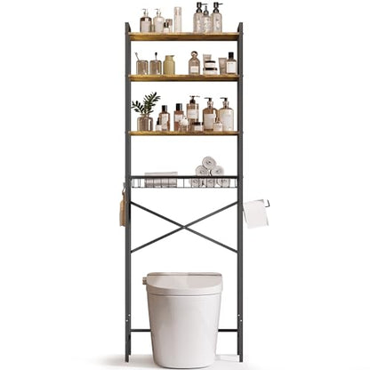 Gizoon Over-The-Toilet Storage Rack with Adjustable Shelf and Basket, 4-Tier Freestanding Space Saver Bathroom Shelves Above Toilet for Room - color: Black