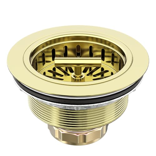 KONE 3-1/2 Inch Kitchen Sink Drain Assembly Stainless Steel Gold Kit with Strainer Basket/Rubber Stopper, Rustproof Durable Gold Finish Replacement for Standard Commercial Sink Drains - color: Gold