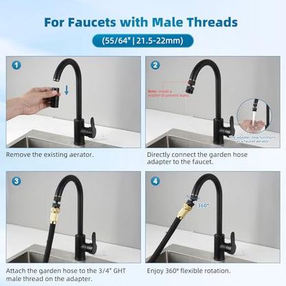 Hibbent Swivel Faucet Adapter Kit, Solid Brass 3/4" Garden Hose Connector, 360 Degree Kitchen Sink Faucet Adapter for Female & Male to Male, Matte Black - color: Matte Black, style: Female Thread