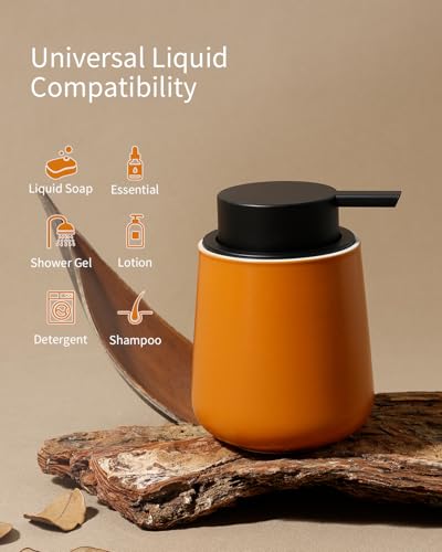 Bosilunlife 12Oz Ceramic Foam Soap Dispenser for Bathroom Kitchen Counter | Premium countertop foam pump creates delicate dense foam, stable desktop placement, Orange - color: Orange