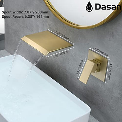 DASAN Wall Mount Waterfall Bathroom Faucet Brushed Gold in Wall Sink Faucet, Single Handle Wall Mounted Modern Faucet for Bathroom with Upgraded Rough in Valve, DA-TFD3BG-NH - color: Brushed Gold