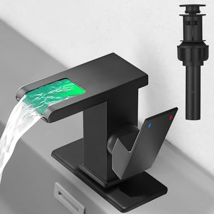 Hoimpro LED Bathroom Faucet 1 Hole, Single Handle Black Sink Faucets | Waterfall Widespread Faucet, 3 Colors Light Changing, with Pop-up Drain & cUPC Supply Lines, for Sink Vanity RV Restroom - color: Matte Black