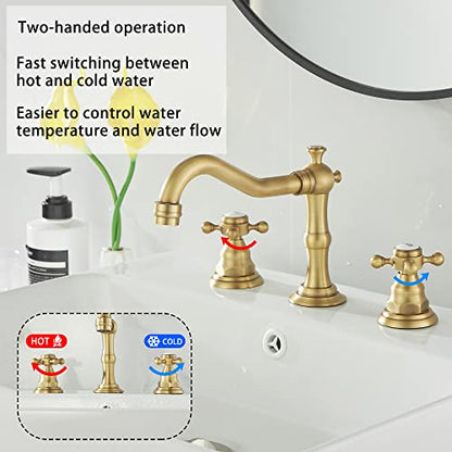2 Handles 3 Holes Faucet Widespread Bathroom Sink Faucet Antique Brass Basin Tap Mixer Supply Hose Included Matching Metal Pop Up Drain - color: Antique Brass, style: Ceramic Cover