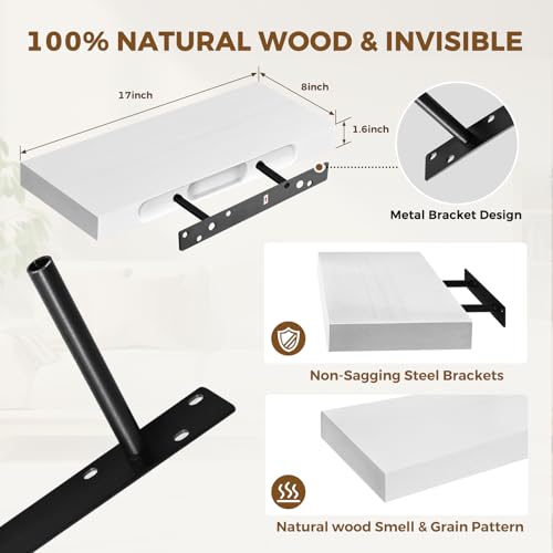 Solid Wood Floating Shelves, 17 Inch Wall Shelves, Set of 2, White | 8 Inch Deep, 1.6 Inch Thick, Extra-Wide Display Space, Mounting Hardware Included, For Kitchen, Bathroom and Living Room - color: White, size: 17x8x1.6
