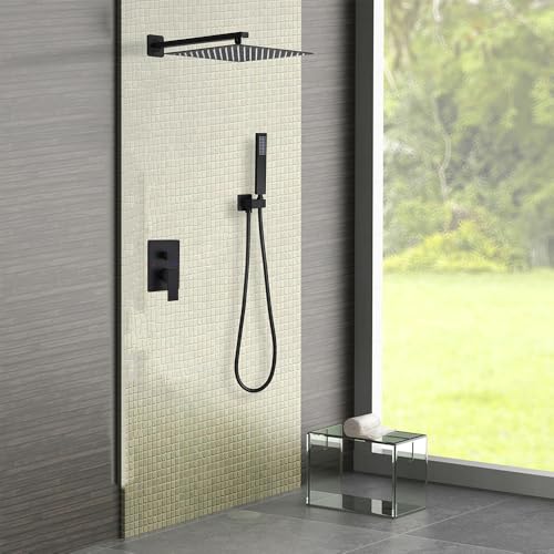Matte Black Shower System 10 Inch Bathroom Luxury Rain Mixer Shower Combo Set Wall Mounted Rainfall Shower Head and Handheld System Shower Faucet Rough-in Valve Body and Trim Kit - color: Matte Black, size: 10 Inch
