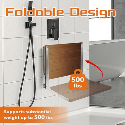 Folding Shower Seat 20'', Large Teak Shower Seat, Folding Shower Bench, Wall Mount Foldable Chair, 500 lbs Capacity, Stainless Steel, Silver - color: Silver