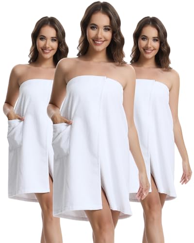 Lightweight Waffle Bath Towel Wraps for Women after Shower | Soft, Knee Length, Adjustable Closure, Thin Robe Body Bathrobes with Pocket for Spa, Gym, Sauna, Beach & Pool - color: 3 Pack Bath Robe After Shower for Women White