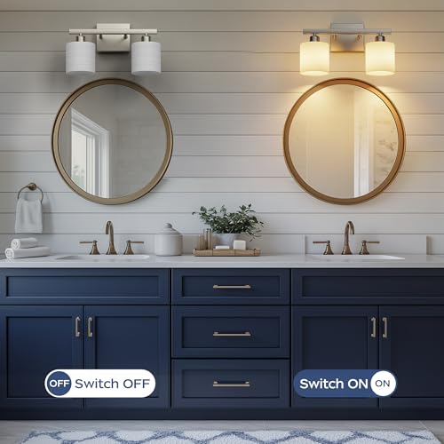 Bathroom Light Fixtures, Bathroom Lighting Fixtures Over Mirror, Classic Vanity Lights, Modern Vanity Light with Textured Frosted Opal White Glass Shades, Brushed Nickel, 2-Light - color: ‎Brushed Nickel, size: 2-Light
