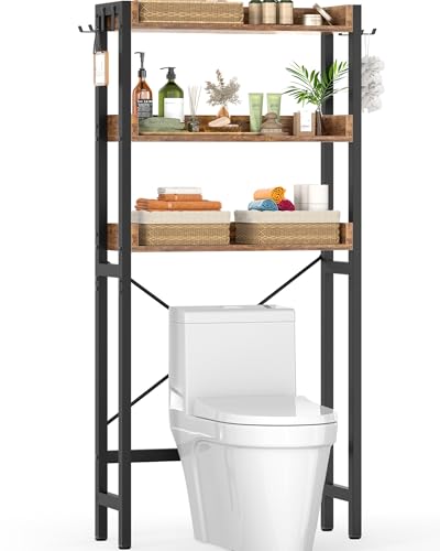 Ecoprsio Over-The-Toilet Storage Rack, 3-Tier Bathroom Organizer Shelf Over Toilet, Freestanding Space Saver Toilet Stands with 4 Hooks, Rustic Brown - color: Rustic Brown