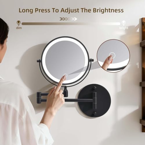 Wall Mounted Makeup Mirror with Lights, 8" Rechargeable 1X/10X Magnifying Mirror, 360° Swivel Extendable Arm, 3 Color LED (1, Black) - color: Black
