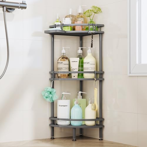 HapiRm Standing Corner Shower Caddy - 3 Tier Shower Organizer Corner with Soap Holder and 4 Hooks, Rustproof Bathroom Storage Shelves with Adhesives, Grey - color: Grey, size: 3-tier