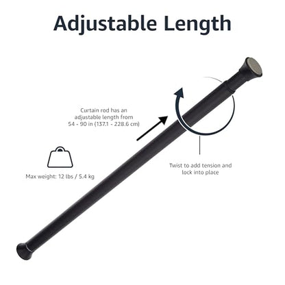 Amazon Basics No Drill Adjustable Sturdy Spring Tension Curtain Rod, Adjustable 54-90" Width, Black, Classic Finial - color: Black, size: 54-90"