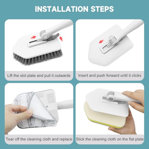 nacena Shower Scrubber with Long Handle, 3 in 1 Tile Tub Scrubber Brush with 3 Detachable Cleaning Heads Adjustable Handle Shower Cleaner Brush for Bathroom, Kitchen, Toilet, Wall, Sink, Grey White