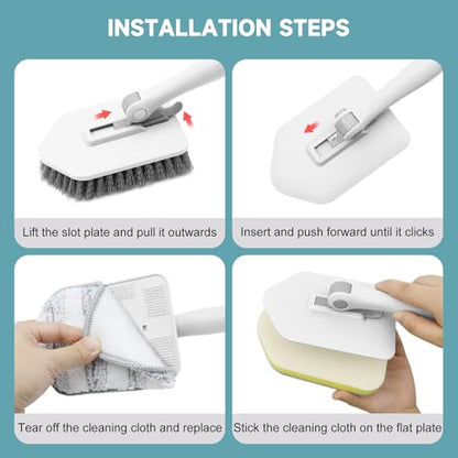 nacena Shower Scrubber with Long Handle, 3 in 1 Tile Tub Scrubber Brush with 3 Detachable Cleaning Heads Adjustable Handle Shower Cleaner Brush for Bathroom, Kitchen, Toilet, Wall, Sink, Grey White
