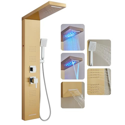 ROVOGO Gold Shower Panel Tower System W/Led Lights & 5 Shower Modes, 46.5" | Rainfall Waterfall Shower Head, 4 Body Massage Jets, Handheld and Tub Spout, Stainless Steel Shower Column with Brass Valves - color: Gold-4 jets
