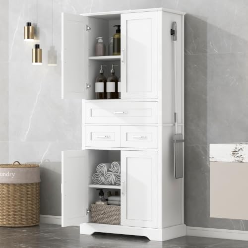 JIVOIT 70" Tall Bathroom Storage Cabinet with 4 Doors and 3 Drawers | Freestanding Linen Tower, Adjustable Shelves, MDF Board White Bathroom Organizer, Aluminum Alloy Hook, Space-Saving - color: White//56
