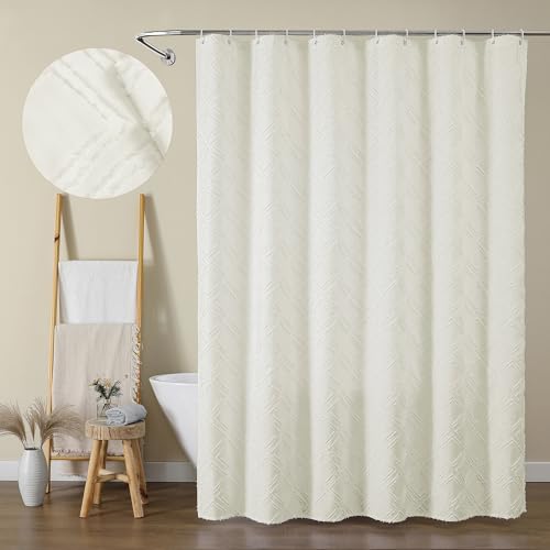 Cream Shower Curtain Set, Jacquard Geometric Textured Fabric Boho Shower Curtain for Bathroom, Soft Hotel Style Farmhouse Shower Curtains Grommet Top 12 Hooks, Machine Washable, 72x72, Cream - color: Cream, size: 72"W x 72"L (Pack of 1)