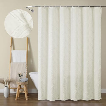 Cream Shower Curtain Set, Jacquard Geometric Textured Fabric Boho Shower Curtain for Bathroom, Soft Hotel Style Farmhouse Shower Curtains Grommet Top 12 Hooks, Machine Washable, 72x72, Cream - color: Cream, size: 72"W x 72"L (Pack of 1)