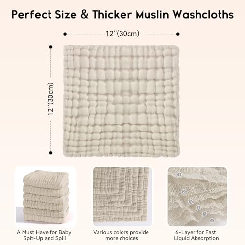Unnivoll Muslin Burp Cloths Baby 12''X12'', Baby Washcloths 6 Pack, 100% Cotton Baby Wash Cloths Absorbent and Soft for Newborn Infants Kids Boys Girls - Apricot - color: Apricot