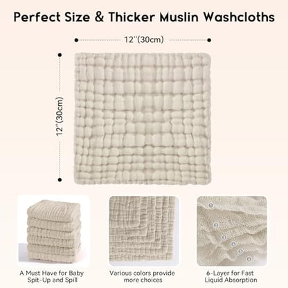 Unnivoll Muslin Burp Cloths Baby 12''X12'', Baby Washcloths 6 Pack, 100% Cotton Baby Wash Cloths Absorbent and Soft for Newborn Infants Kids Boys Girls - Apricot - color: Apricot