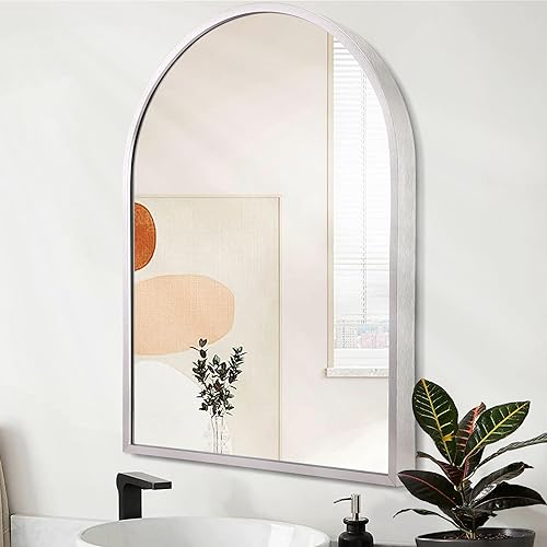 Arched Wall Mirror, Silver Arch Brushed Metal Frame Bathroom Mirror, Arched Top Bathroom Vanity Mirrors for Living Room Bedroom Mantel Entryway Hallways Home Decor Aluminum Alloy Frame 16"x12" - color: Silver, size: 16"L x 12"W