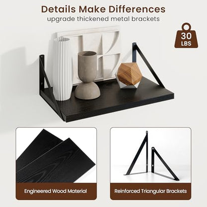 Deep Floating Shelves, 16'' x 10'' Black Wall Shelves Set of 2 | 10 Inch Deep Shelves with Heavy Duty Brackets, Rustic Wood Shelves for Bathroom Living Room, Engineered Wood, 35LBS - color: Black, size: 16W x 10D