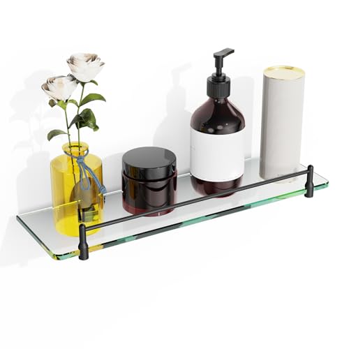 Glass Bathroom Shelves,Matte Black Floating Shelves for Wall Rectangular Modern Stainless Steel Glass Shelf for Bathroom Shelves wall Mounted 16 Inch - color: Matte Black, size: 16"with railing