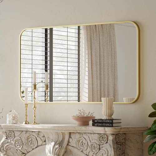 BEAUTYPEAK 30"x48" Gold Metal Frame Rectangle Vanity Mirror,Rounded Corners | Wall Mounted Bathroom Mirror for Farmhouse, Restroom, Entryway, Horizontal or Vertical Hanging - color: Gold, size: 48"L x 30"W
