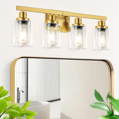 Bathroom Vanity Light, 4-Light Modern Matte Gold Wall Sconce Lighting with Clear Glass Shade, Black Wall Lights,Bath Vintage Wall Mounted Lamps for Mirror Bedroom Living Room - color: Gold, size: 4-light
