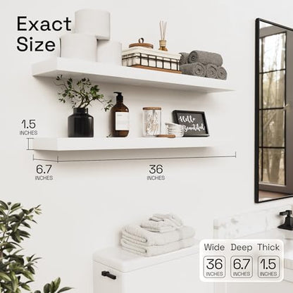 Solid Wood Floating Shelves for Wall 36 Inches Long, White Wooden Shelf | Real Wood, Wall Mounted, Heavy Duty Shelf 36 Inch Large, Bathroom Bedroom Kitchen Rustic, White Finish, 36W × 6.7D, Set of 2 - color: White, size: 36 Inch