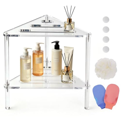 Acrylic Corner Shower Stool for Shaving Legs - Clear Triangle Shower Stool with 2-Tier Storage Shelf - Modern Bathroom Step Stool - Includes 1 Bath Sponge & 2 Shower Loofahs for Exfoliation