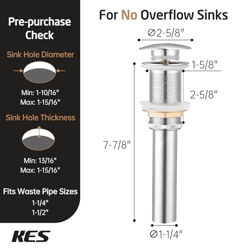 KES Bathroom Pop Up Sink Drain Without Overflow, 2 Pack Polished Chrome | All Metal Rustproof Brass and 304 Stainless Steel, for 1.6"-1.9" Sink Hole, Sink Stopper for Vessel Vanity, S2008D-CH-P2 - color: Polished Chrome, style: NO Overflow, 2 Pack