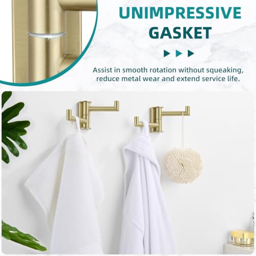 Suyar Brushed Gold Double Towel Hook, Swivel Coat Robe Holder for Bathroom | SUS304 Stainless Steel Wall Hook, Shower Bath Towel Hanger, Space-Saving Design, Wall Mounted, 2 Pack - color: Brushed Gold, size: 2 Pack