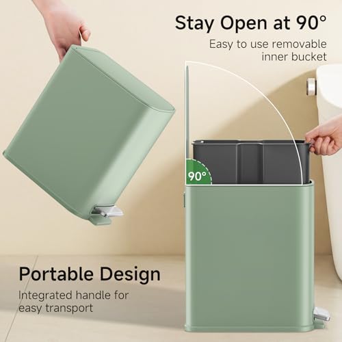 TIPGO Small Bathroom Trash Can with Lid Soft Close,1.3 Gallon, Green | Step Pedal, Removable Inner Bucket, 5 Liter Slim Stainless Steel Garbage Can for Bedroom, Office, Kitchen - color: Green