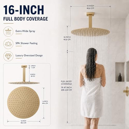 16 Inch Rainfall Shower Head, BSTIIU Stainless Steel Round Shower Head, Extra Large Ceiling Mount Shower Heads, Brushed Gold - color: Brushed Gold, size: 16-Inches, style: Round