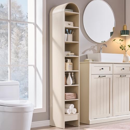 IFBUY 67" Tall Arched Bathroom Storage Cabinet, 8-Tier Modern Farmhouse Storage Cabinet with Adjustable Shelves, Wood Freestanding Cabinet for Bathroom, Living Room, Entryway, Hallway (Cream) - color: Cream, size: 67" Tall 8-Tiers(Narrow)