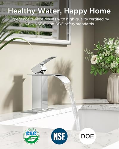 FORIOUS Bathroom Faucet 1 Hole, Waterfall Vanity Sink Faucet Chrome | Bathroom Sink Faucet 1 or 3 Hole, Square Single Handle with 24" cUPC Supply Line and Pop-up Drain, Fits RV Restroom Basin - color: Chrome