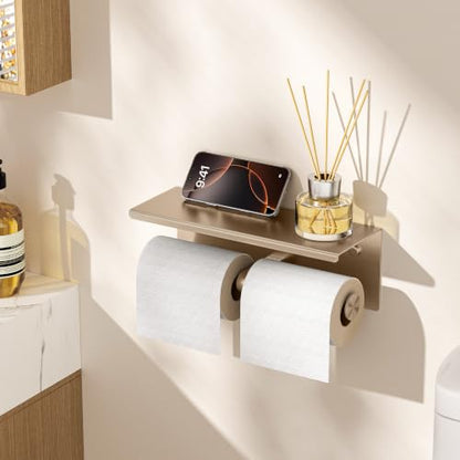 FORIOUS Toilet Paper Holder with Shelf, Commercial Toilet Paper Dispensers | Champagne Gold | Wall Mount Bathroom Tissue Holder | SUS304 Stainless Steel Rustproof | Double Tissue Roll Holder - color: Champagne Gold